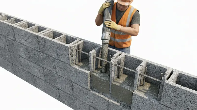 Grout being pumped into concrete block cores