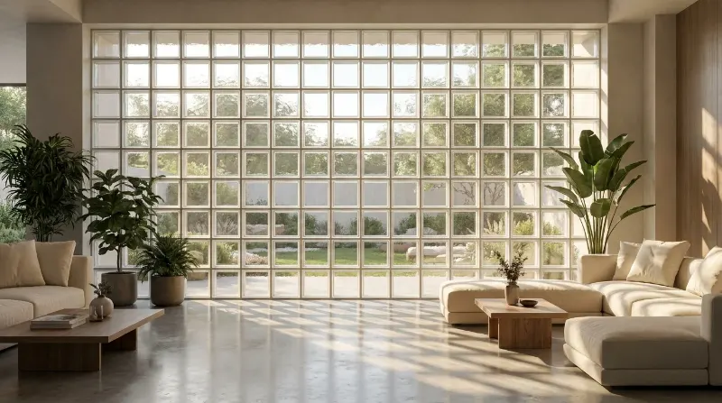 Large glass block window wall in a bright living room