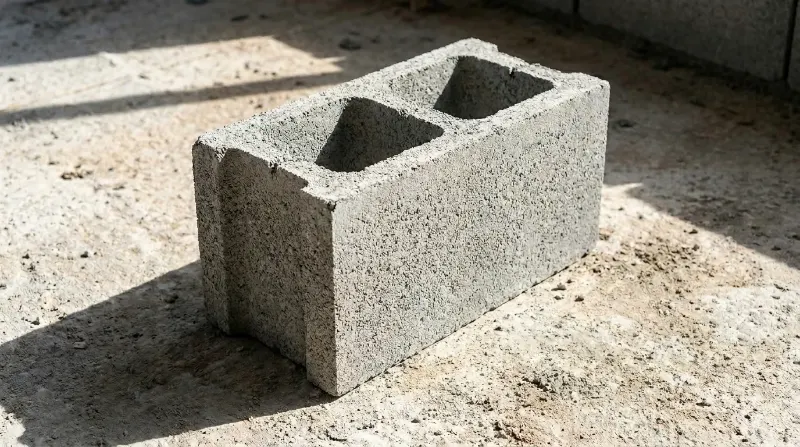 Hollow two-core cinder block on a sunlit concrete floor